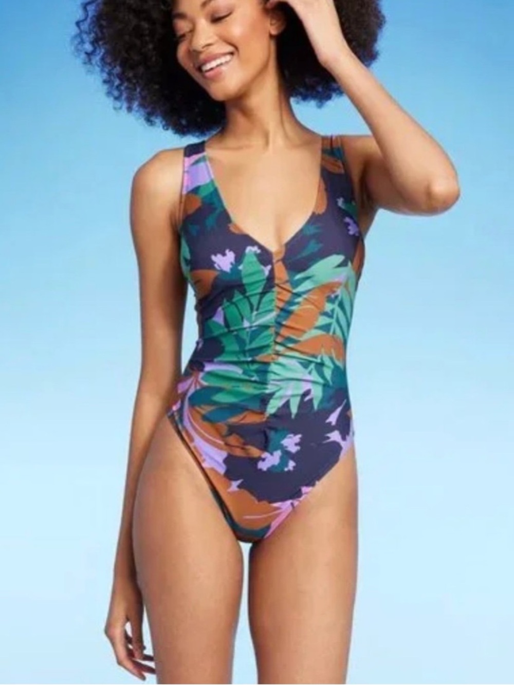 Shade & Shore Shirred Plunge Floral Print Swimsuit - Large